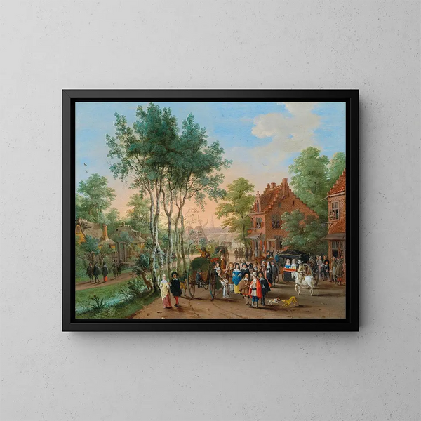 Elegant travelers visiting a riverside village - Peeter Gijsels — framed artwork on a wall