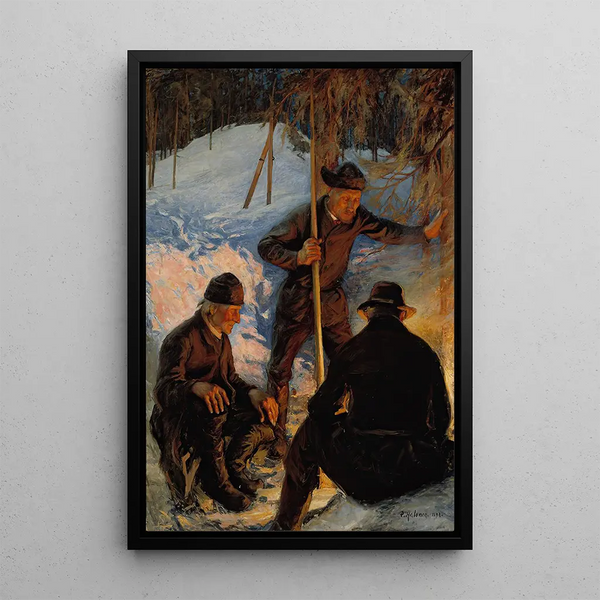 Bûcherons autour d'un feu de camp - Pekka Halonen — ingelijst kunstwerk aan de muur
