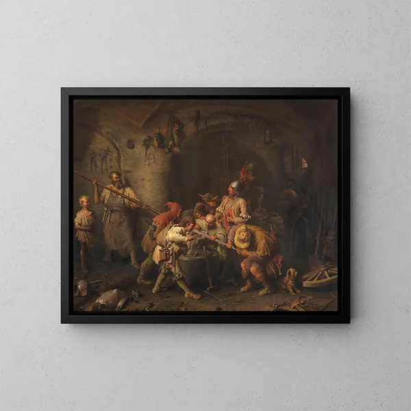 Les sept Souabes à la forge en train d'essayer leur lance - Peter Baumgartner — framed artwork on a wall