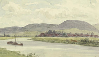 Peter Burnitz - Ortschaft an einem Flu mit Bergen im Mittelgrund.webp