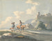 van een compositie van twee reizigers en een hond op een weg die langs cottages passeert met ruïnes op een heuvel - Peter La Cave — weergave van het kunstwerk