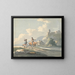 van een compositie van twee reizigers en een hond op een weg die langs cottages passeert met ruïnes op een heuvel - Peter La Cave — ingelijst kunstwerk aan de muur