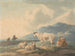 Landschapschilderij met bergen, koeien en geiten op de voorgrond en figuren links - Peter La Cave — weergave van het kunstwerk