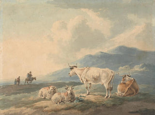 Landschapschilderij met bergen, koeien en geiten op de voorgrond en figuren links - Peter La Cave — weergave van het kunstwerk