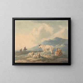 Landschapschilderij met bergen, koeien en geiten op de voorgrond en figuren links - Peter La Cave — ingelijst kunstwerk aan de muur