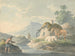 Scene rustique: man die links van een cottage met een watermolen en paarden rechts aan het vissen is - Peter La Cave — weergave van het kunstwerk