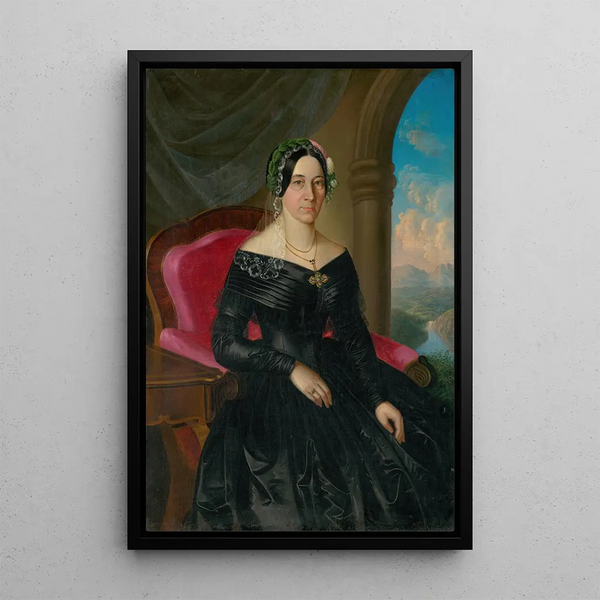 Portrait of a seated lady with a landscape in the background - Peter Michal Bohúň — framed artwork on a wall