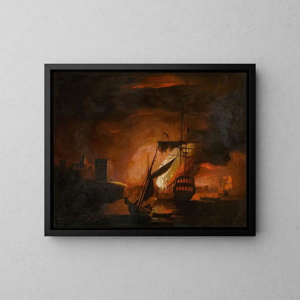 A ship on fire at night - Peter Monamy — framed artwork on a wall