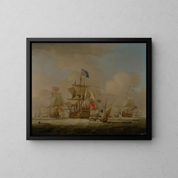 Naval ships and a sloop - Peter Monamy — framed artwork on a wall