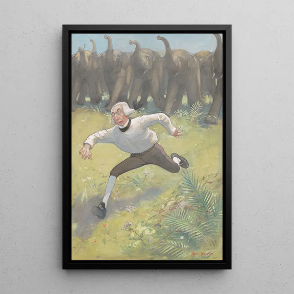 Man die aan olifanten ontsnapt - Peter Newell — ingelijst kunstwerk aan de muur