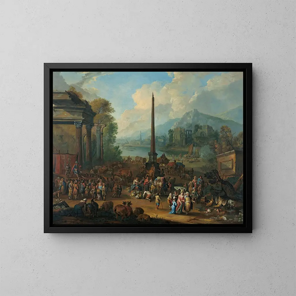 a port scene with numerous figures attending the market - Peter Tillemans — framed artwork on a wall