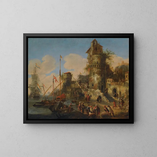 A Mediterranean port caprice - Peter van de Velde — framed artwork on a wall