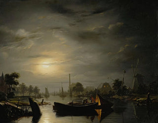 Petrus van Schendel - A River Landscape In Silver Moonlight.webp