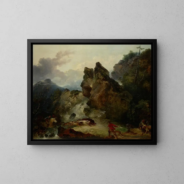 Landscape painting with boar hunting - Philip James de Loutherbourg — framed artwork on a wall