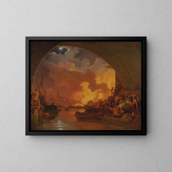 The Great Fire of London - Philip James de Loutherbourg — framed artwork on a wall