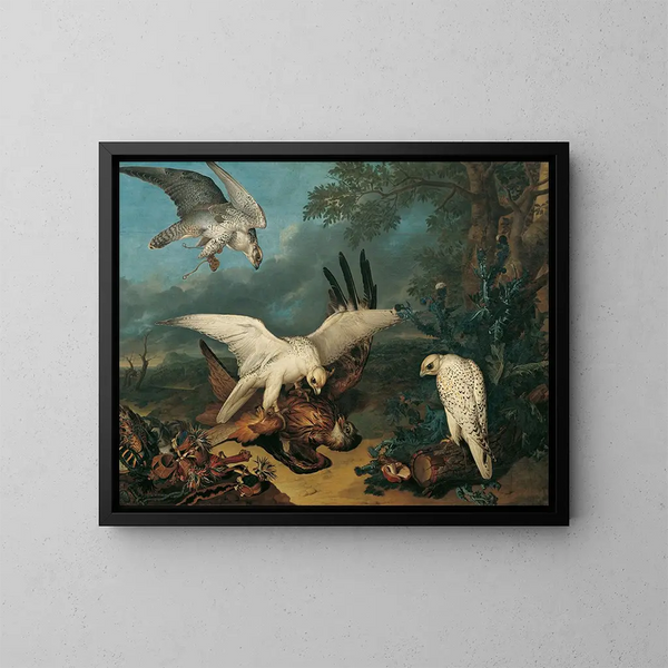 a Red Milan defeated by Icelandic hawks - Philipp Ferdinand de Hamilton — framed artwork on a wall