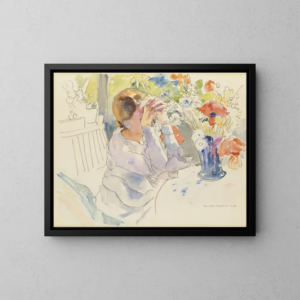 Woman with a bouquet of flowers - Philipp Franck — framed artwork on a wall