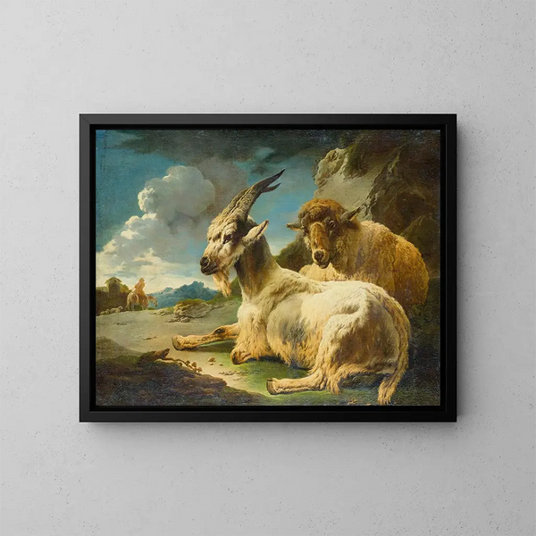 Moutons et chèvres dans un paysage rocheux - Philipp Peter Roos — framed artwork on a wall