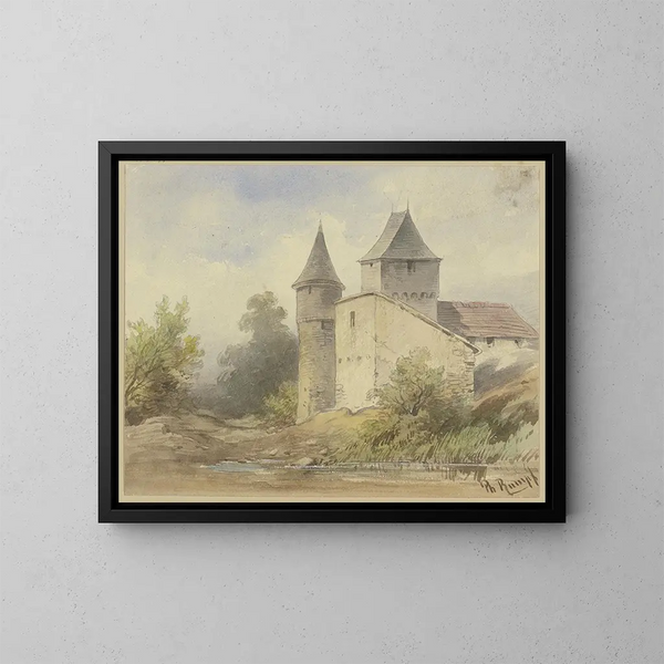 Group of Buildings with Round Tower - Philipp Rumpf — framed artwork on a wall