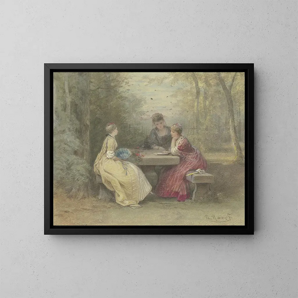 Reading in the park, three young ladies in Watteau costume sitting around a stone table - Philipp Rumpf — framed artwork on a wall