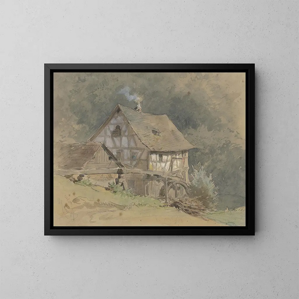 Watermill painting with half-timbered construction - Philipp Rumpf — framed artwork on a wall