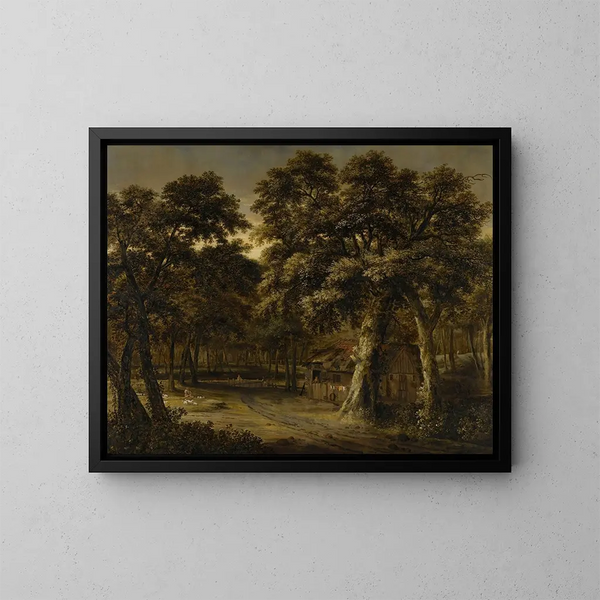 a forest scene with a cottage and characters - Philips Koninck — framed artwork on a wall
