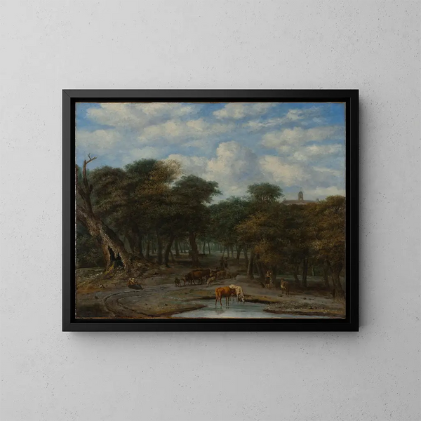 Forest Glade Painting with Livestock - Philips Koninck — framed artwork on a wall