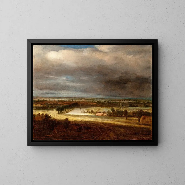 Panoramic landscape painting with a village - Philips Koninck — framed artwork on a wall
