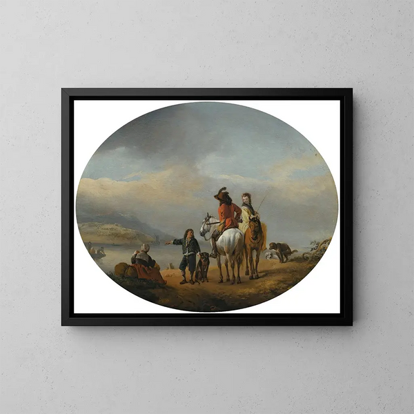 a lady and a gentleman on horseback shown approaching a ferry by a young page - Philips Wouwerman — framed artwork on a wall