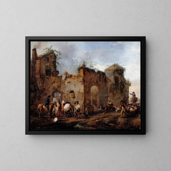 Courtyard with a blacksmith shoeing a horse - Philips Wouwerman — framed artwork on a wall