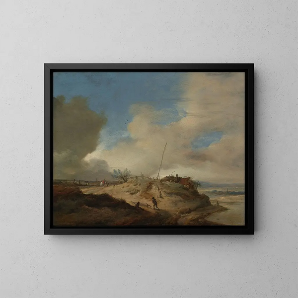 Landscape painting of a dune with a signal mast - Philips Wouwerman — framed artwork on a wall