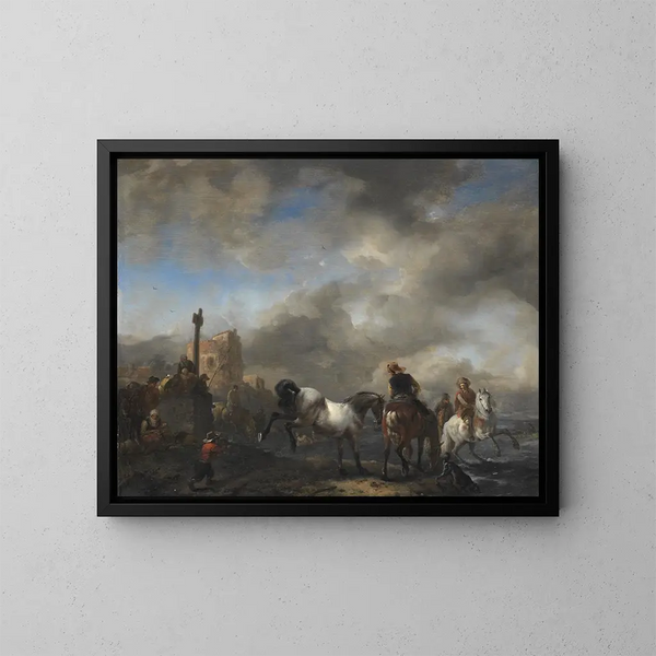 Pond with Horses near a Boundary Stone - Philips Wouwerman — framed artwork on a wall