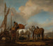 van paarden in een landschap met personages die balen op een schip laden - Philips Wouwerman — weergave van het kunstwerk