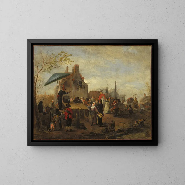 jugglers at the market - Philips Wouwerman — framed artwork on a wall