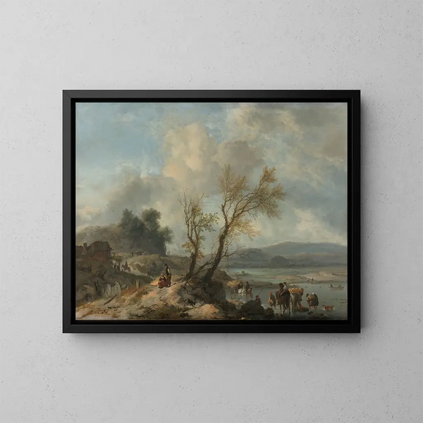 Landscape painting with a sandy path by a river - Philips Wouwerman — framed artwork on a wall