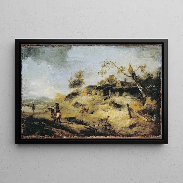 Sandbank with Travelers - Philips Wouwerman — framed artwork on a wall