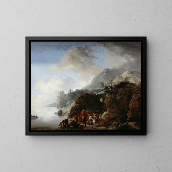 Voyageurs attendant un ferry - Philips Wouwerman — framed artwork on a wall