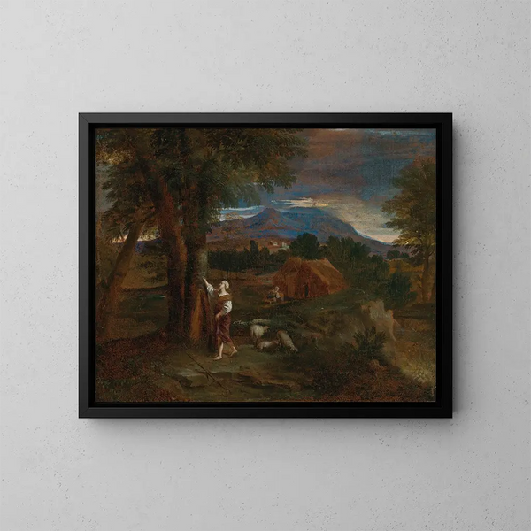 Erminia engraving the name of Tancrède on a tree - Pier Francesco Mola — framed artwork on a wall