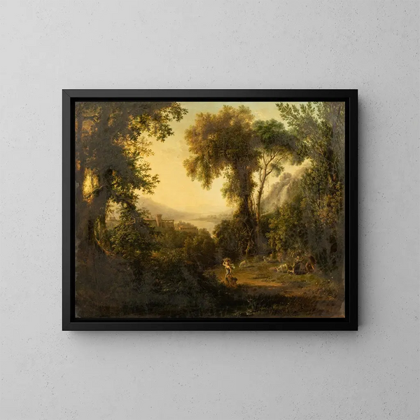 Landscape italic with frightened shepherds by a serpent - Pierre-Athanase Chauvin — framed artwork on a wall