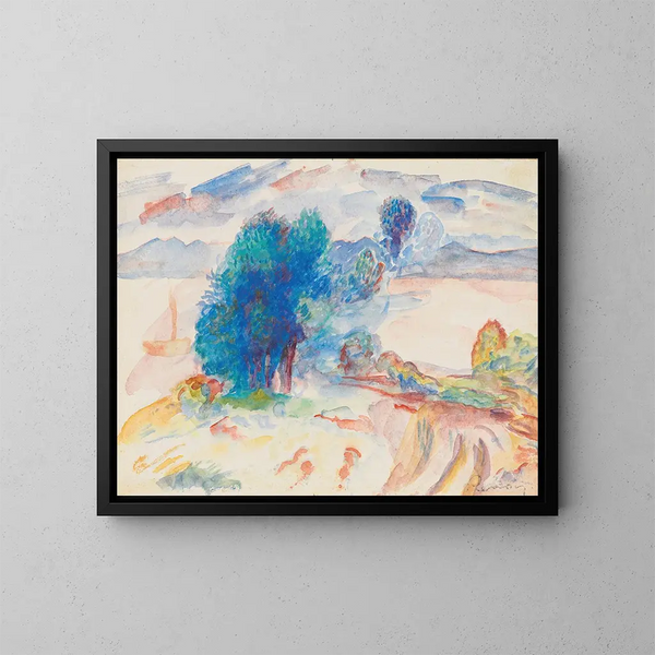 Bomen aan de waterkant en zeilboot - Pierre-Auguste Renoir — ingelijst kunstwerk aan de muur