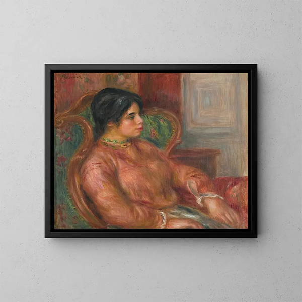 Vrouw op groene stoel - Pierre-Auguste Renoir — ingelijst kunstwerk aan de muur