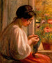 Couturière à la fenêtre - Pierre-Auguste Renoir — weergave van het kunstwerk