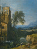 a river landscape with a water mill on the left and characters with a donkey in the foreground - Pierre Antoine Patel the Younger — artwork view