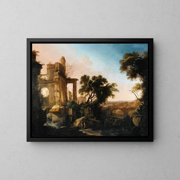 Landscape with Ruins and an Aqueduct - Pierre Antoine Patel the Younger — framed artwork on a wall