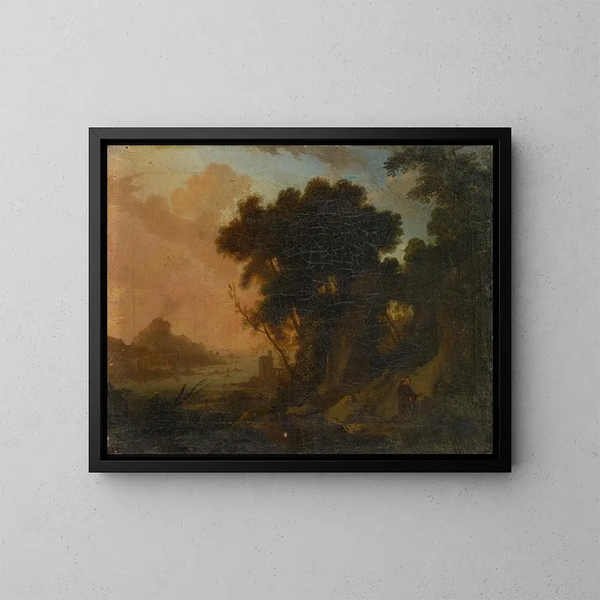 Landscape with a Hermit - Pierre Antoine Patel the Younger — framed artwork on a wall