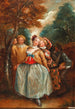 Een scène uit de Commedia dell'Arte met Colombine, Arlequin en Pierrot - Pierre Antoine Quillard — weergave van het kunstwerk