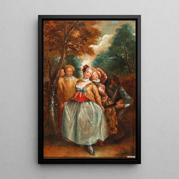 Een scène uit de Commedia dell'Arte met Colombine, Arlequin en Pierrot - Pierre Antoine Quillard — ingelijst kunstwerk aan de muur