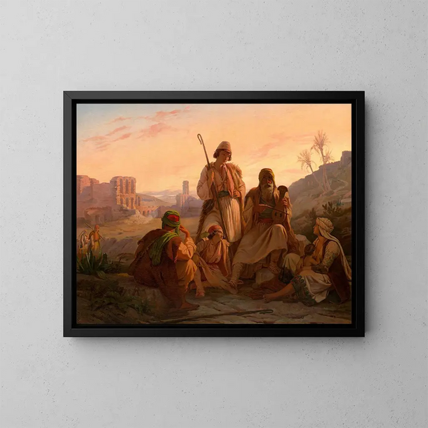 Het avondgebed van de herders in de ruïnes van het theater van Hérode Atticus aan de voet van de Akropolis van Athene - Pierre Bonirote — ingelijst kunstwerk aan de muur