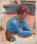 Vrouw in gedachten met een blauwe bustier - Pierre Bonnard — weergave van het kunstwerk