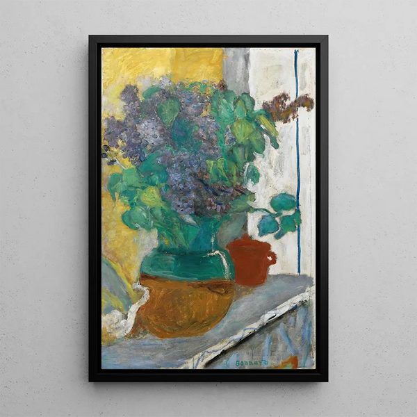 Lilas mauve dans un vase de terre jaune et vert - Pierre Bonnard — ingelijst kunstwerk aan de muur
